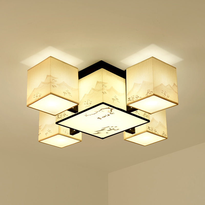 Beige rechthoekige LED Semi Flush Mount in traditionele beknopte stijl smeedijzeren plafondlicht met stofschaduw