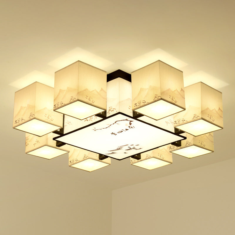 Beige rechthoekige LED Semi Flush Mount in traditionele beknopte stijl smeedijzeren plafondlicht met stofschaduw