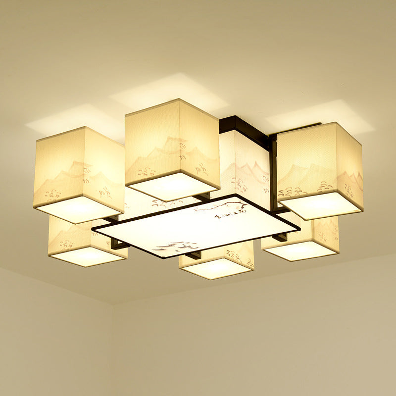 Beige rechthoekige LED Semi Flush Mount in traditionele beknopte stijl smeedijzeren plafondlicht met stofschaduw