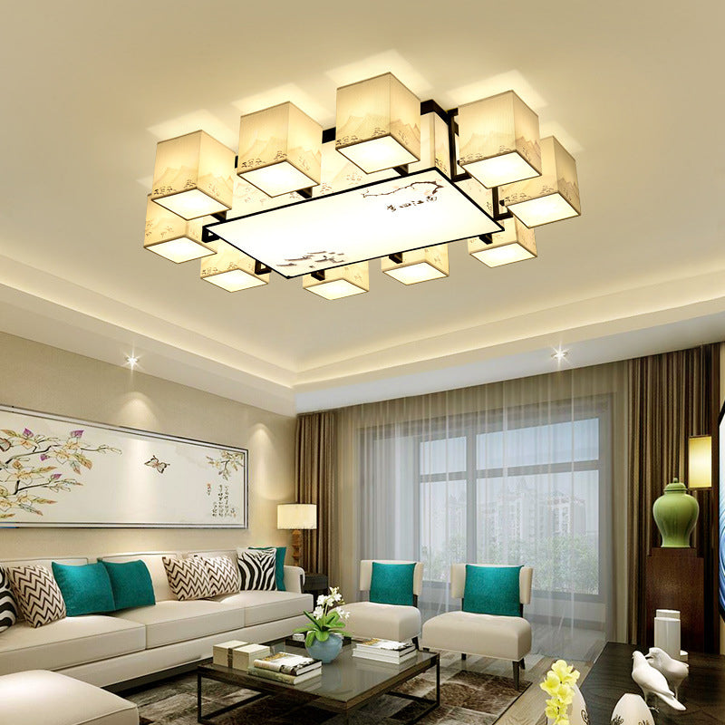 Beige Rectangular LED Semi Flush Mount in Traditional Concise Style Wrought Iron Ceiling Light with Fabric Shade