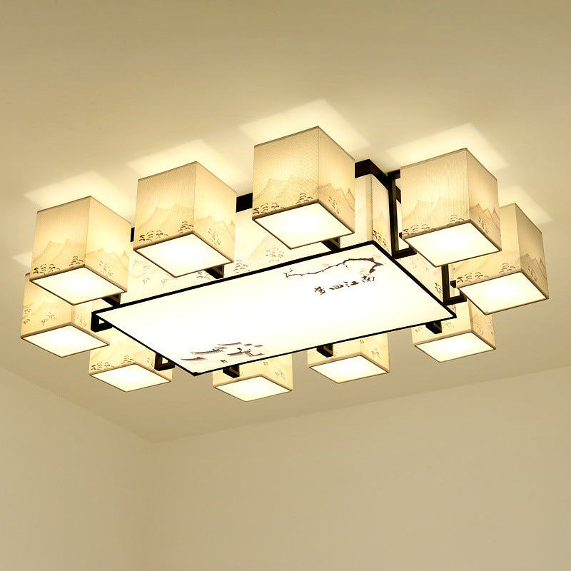 Beige rechthoekige LED Semi Flush Mount in traditionele beknopte stijl smeedijzeren plafondlicht met stofschaduw