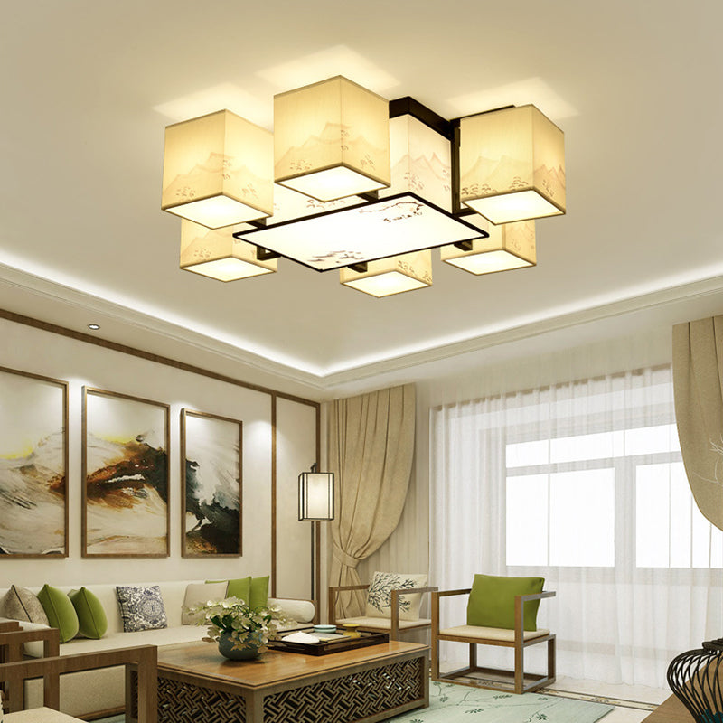 Beige Rectangular LED Semi Flush Mount in Traditional Concise Style Wrought Iron Ceiling Light with Fabric Shade