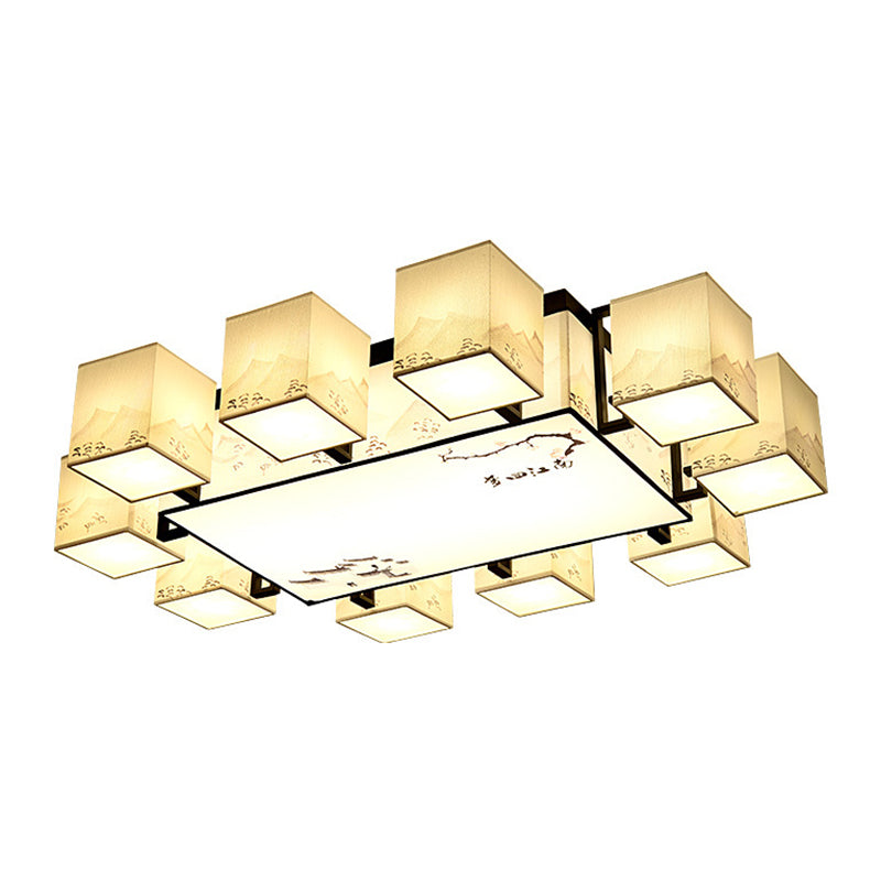 Beige rechthoekige LED Semi Flush Mount in traditionele beknopte stijl smeedijzeren plafondlicht met stofschaduw