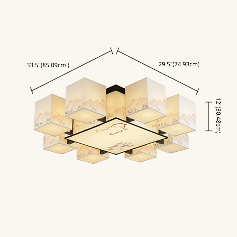 Beige rechteckige LED -Halbflush -Halterung im traditionellen präzisen Stil schmiedeeisernen Deckenleuchte mit Stoffschatten