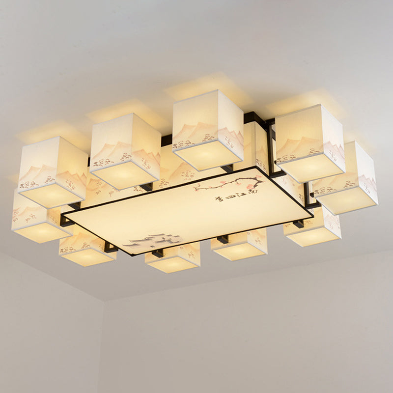 Beige rechthoekige LED Semi Flush Mount in traditionele beknopte stijl smeedijzeren plafondlicht met stofschaduw