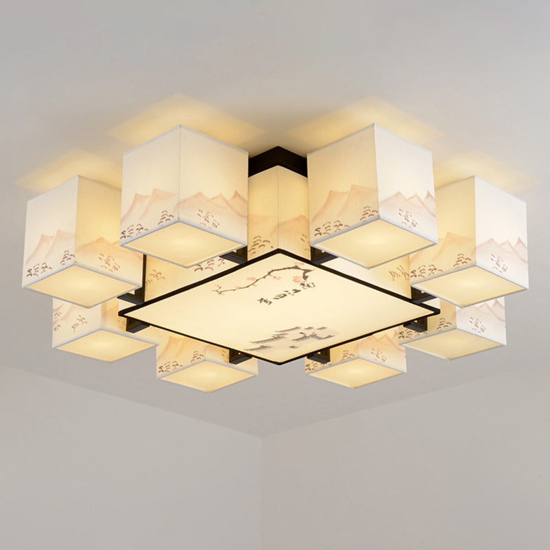 Beige rechthoekige LED Semi Flush Mount in traditionele beknopte stijl smeedijzeren plafondlicht met stofschaduw