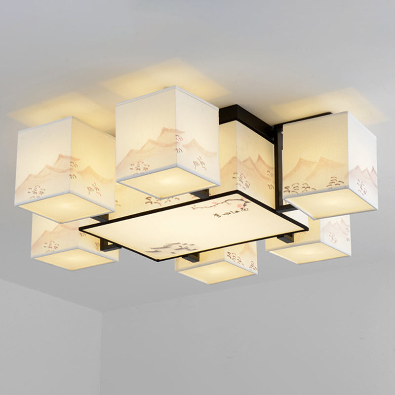 Beige rechthoekige LED Semi Flush Mount in traditionele beknopte stijl smeedijzeren plafondlicht met stofschaduw