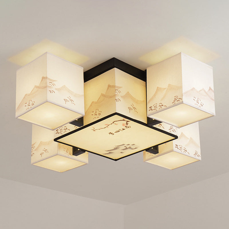 Beige rechthoekige LED Semi Flush Mount in traditionele beknopte stijl smeedijzeren plafondlicht met stofschaduw