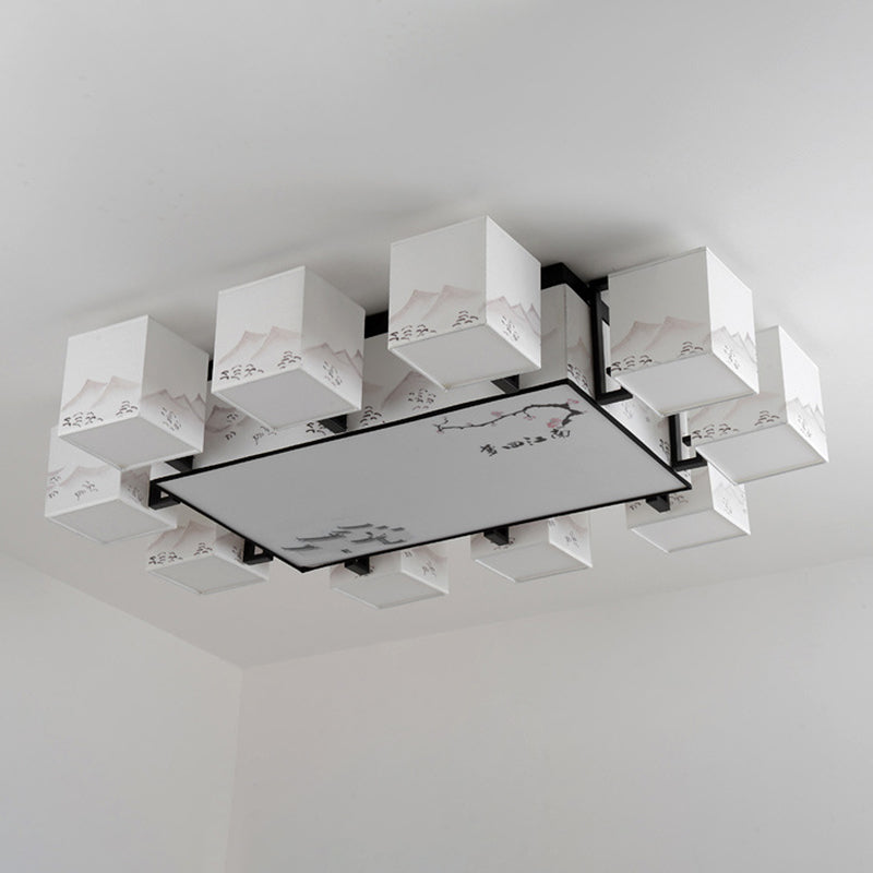 Beige rechthoekige LED Semi Flush Mount in traditionele beknopte stijl smeedijzeren plafondlicht met stofschaduw