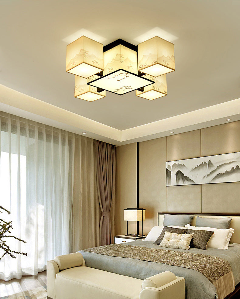 Beige Rectangular LED Semi Flush Mount in Traditional Concise Style Wrought Iron Ceiling Light with Fabric Shade