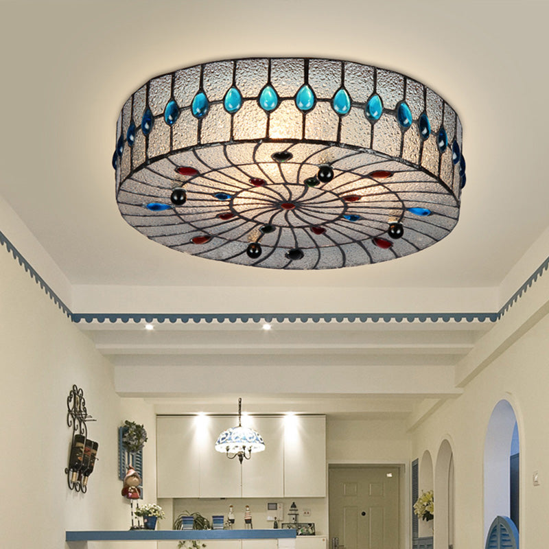 3 Lights 12"/16"/19.5" Wide Corridor Ceiling Flush Baroque Blue Flushmount with Drum Clear Bubble Glass Shade