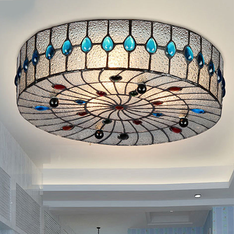 3 Lights 12"/16"/19.5" Wide Corridor Ceiling Flush Baroque Blue Flushmount with Drum Clear Bubble Glass Shade