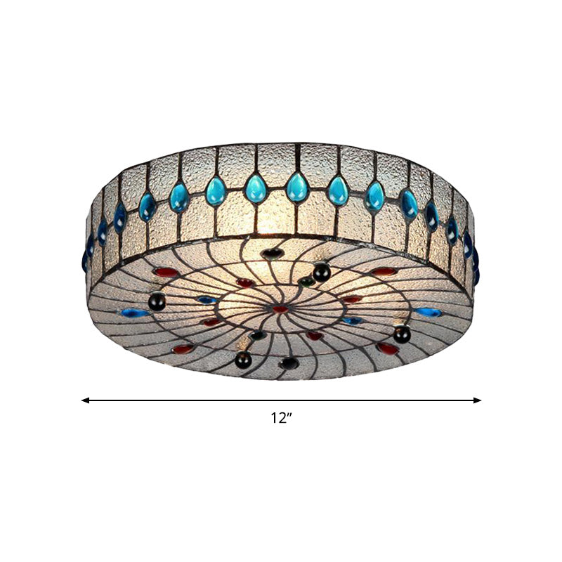 3 Lights 12"/16"/19.5" Wide Corridor Ceiling Flush Baroque Blue Flushmount with Drum Clear Bubble Glass Shade