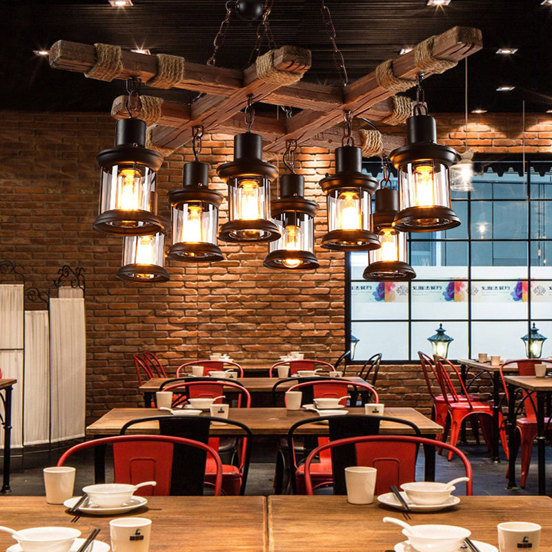 Retro Industrial Style Cylinder Chandelier Wood Pendant Ceiling Lights for Restaurant