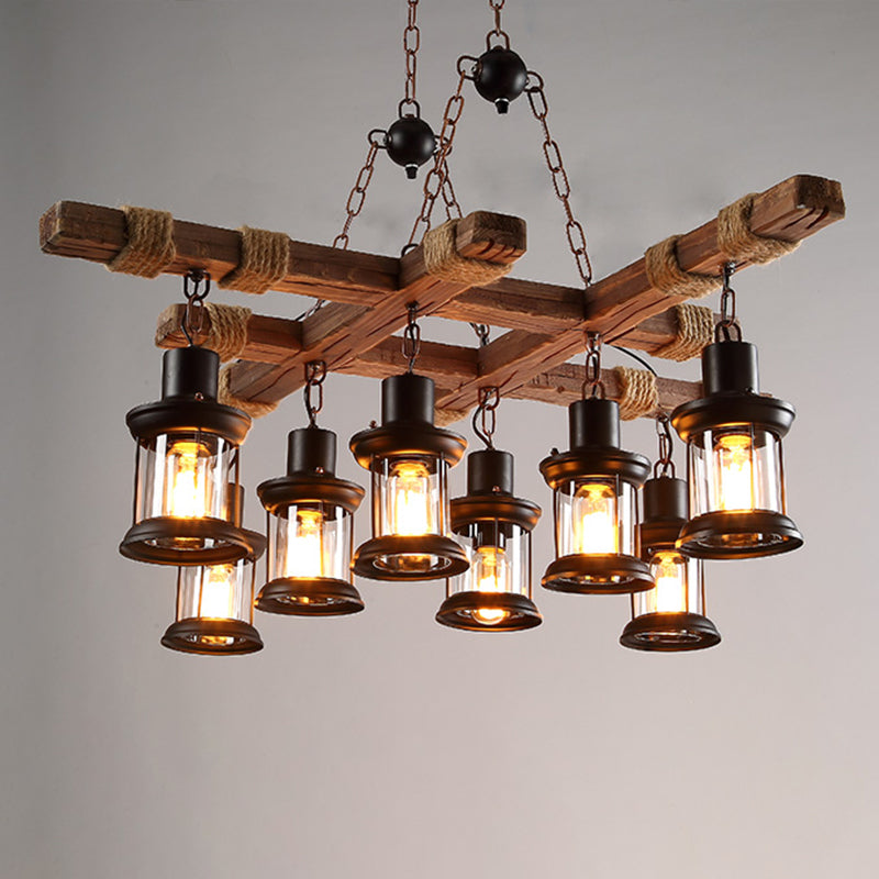 Retro Industrial Style Cylinder Chandelier Wood Pendant Ceiling Lights for Restaurant