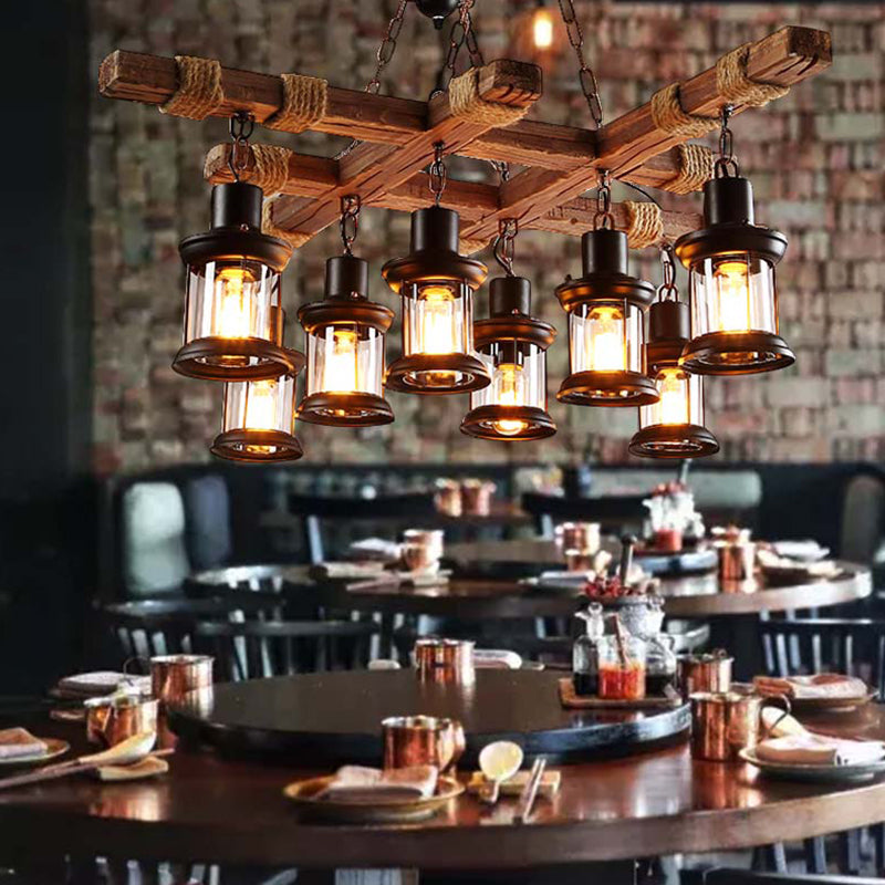 Retro Industrial Style Cylinder Chandelier Wood Pendant Ceiling Lights for Restaurant