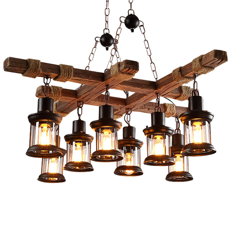 Retro Industrial Style Cylinder Chandelier Wood Pendant Ceiling Lights for Restaurant