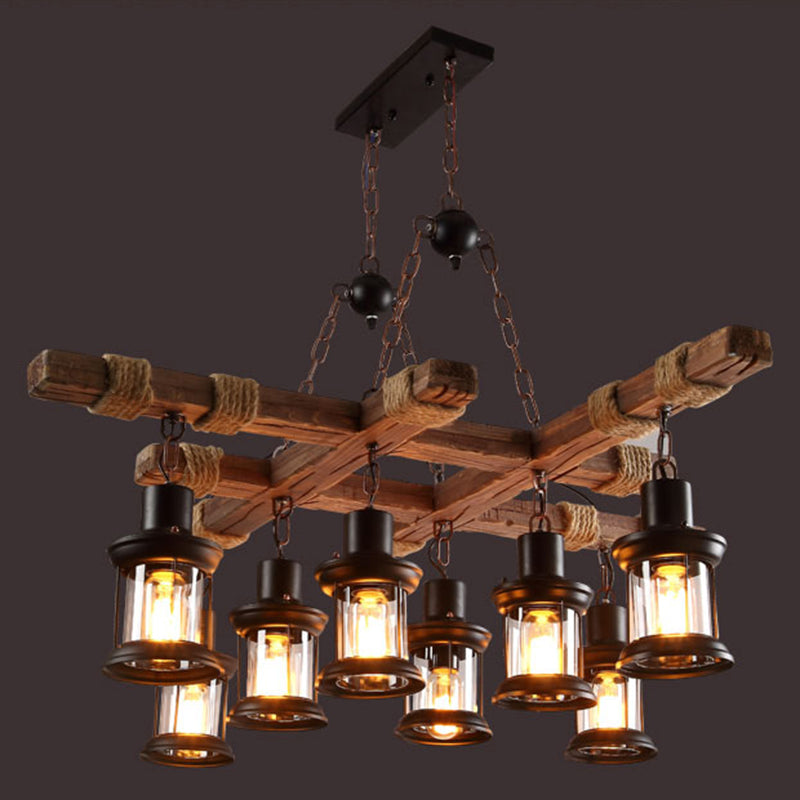 Retro Industrial Style Cylinder Chandelier Wood Pendant Ceiling Lights for Restaurant