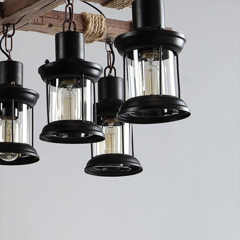 Retro Industrial Style Cylinder Chandelier Wood Pendant Ceiling Lights for Restaurant