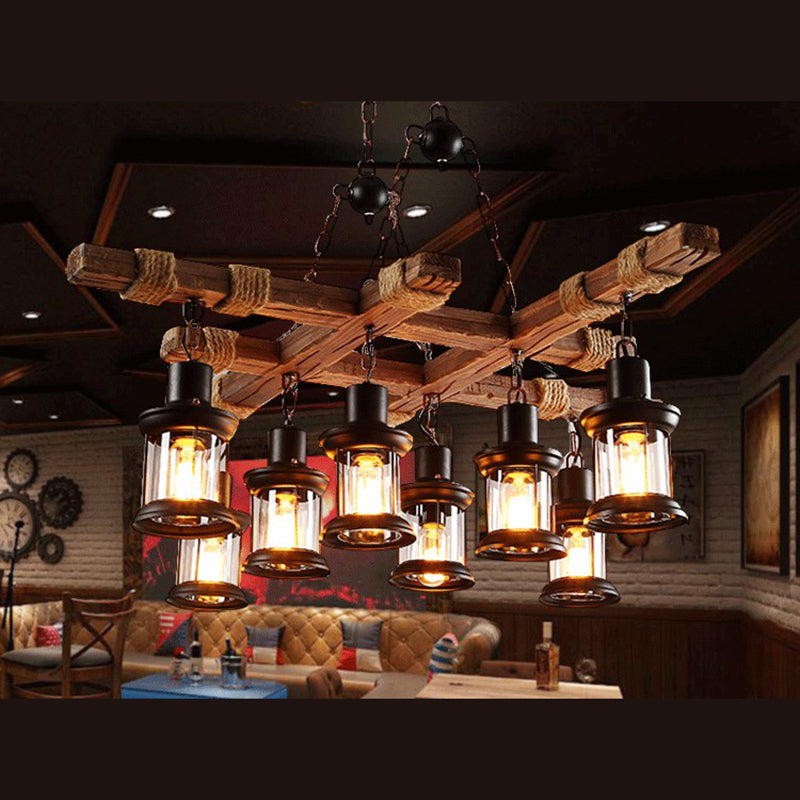 Retro Industrial Style Cylinder Chandelier Wood Pendant Ceiling Lights for Restaurant