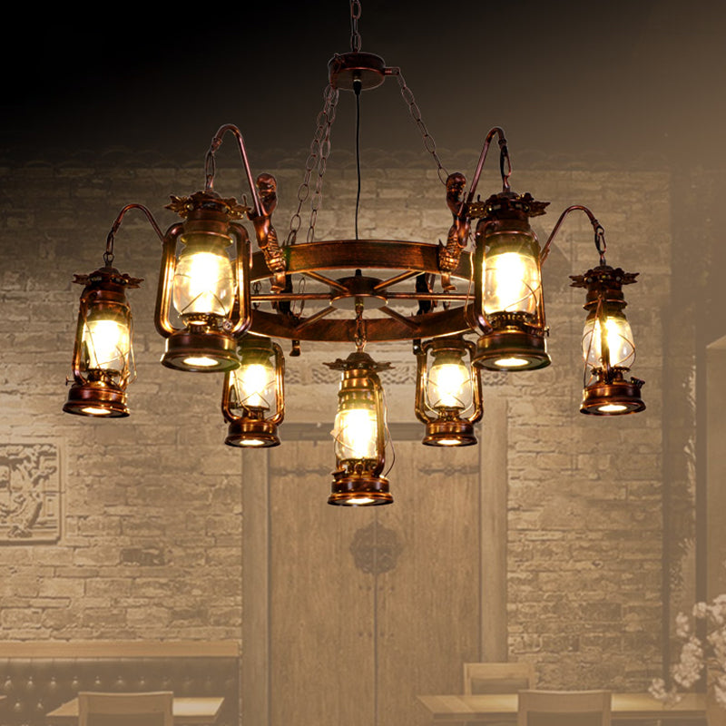 Retro Industrial Style Wheel Chandelier Glass Pendant Ceiling Lights for Restaurant