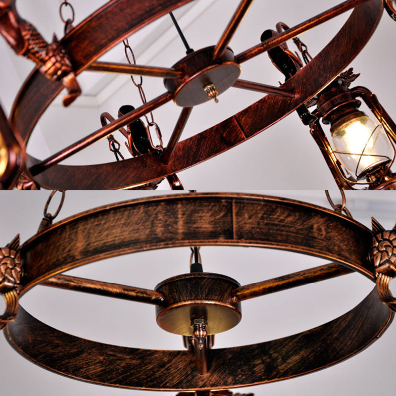 Retro Industrial Style Wheel Chandelier Glass Pendant Ceiling Lights for Restaurant