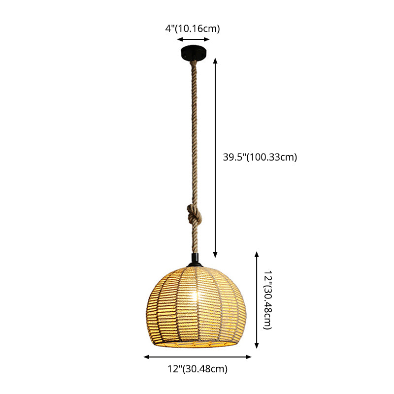 Spherical Shade Rattan Hanging Light 1-Light Asian Style Pendulum Light in Beige