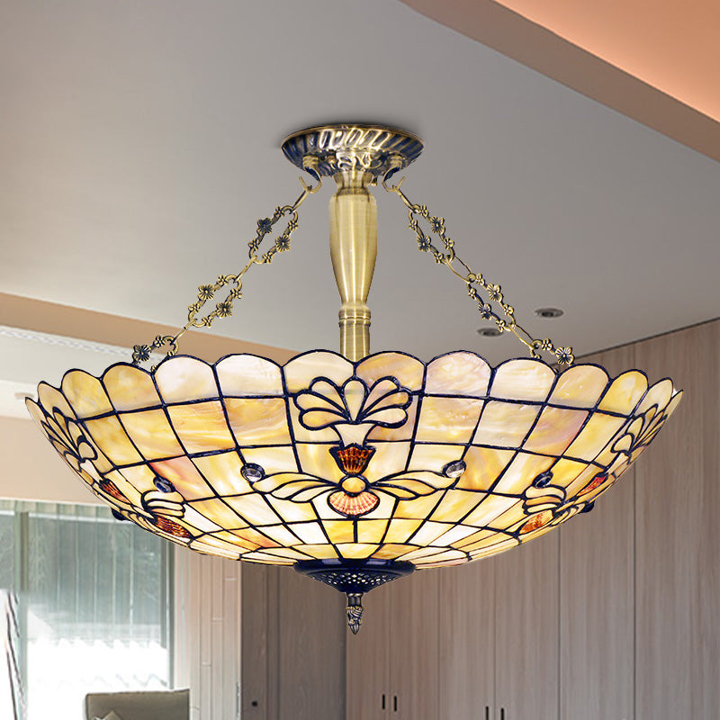 20,5 "/21,5" de large du plafond de fleur de la coquille de fleur monte Méditerranée 4 lumières en laiton semi-luxueuse légère