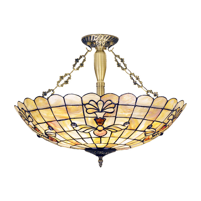 20,5 "/21,5" de large du plafond de fleur de la coquille de fleur monte Méditerranée 4 lumières en laiton semi-luxueuse légère