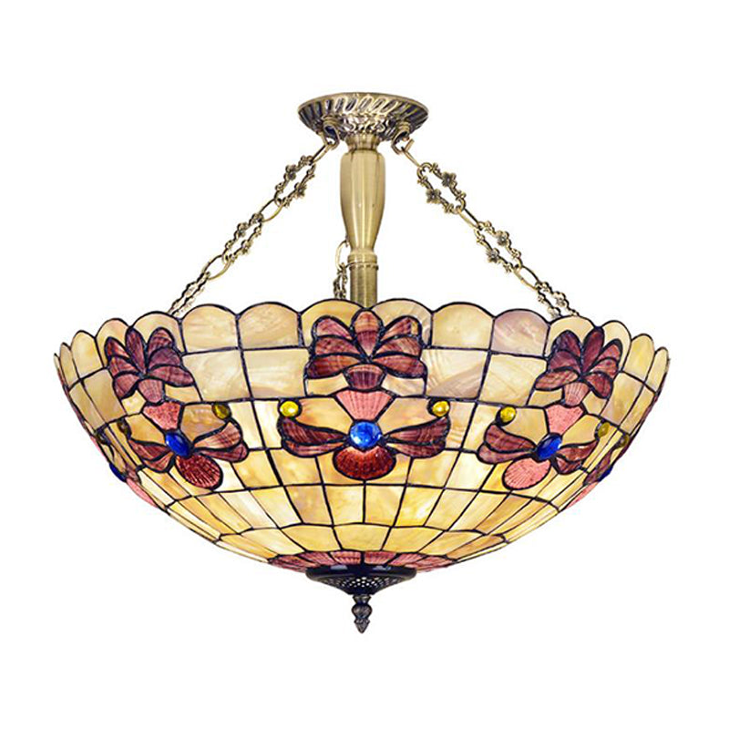 20,5 "/21,5" de large du plafond de fleur de la coquille de fleur monte Méditerranée 4 lumières en laiton semi-luxueuse légère