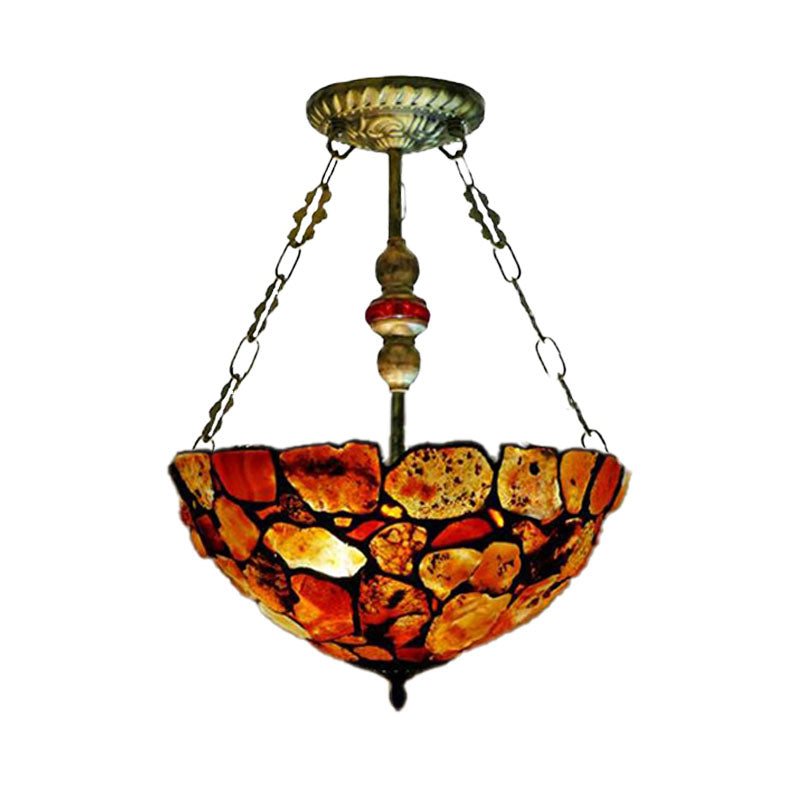 2/3 Lights 12"/16" W Dining Room Chandelier Lamp Mediterranean Antique Bronze Ceiling Light with Dome Stone Shade