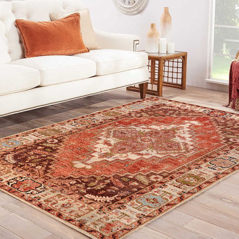 Elegant Red Tone Vintage Carpet Polyester Moroccan Pattern Indoor Rug Non-Slip Backing Rug for Living Room