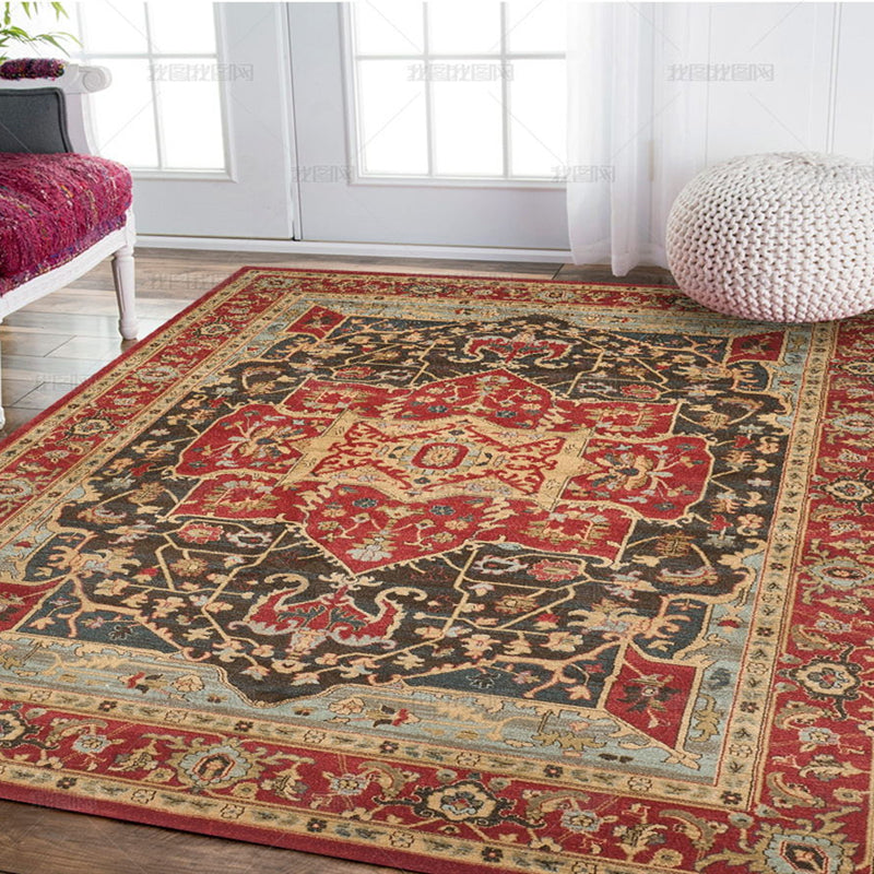 Elegant Red Tone Vintage Carpet Polyester Moroccan Pattern Indoor Rug Non-Slip Backing Rug for Living Room