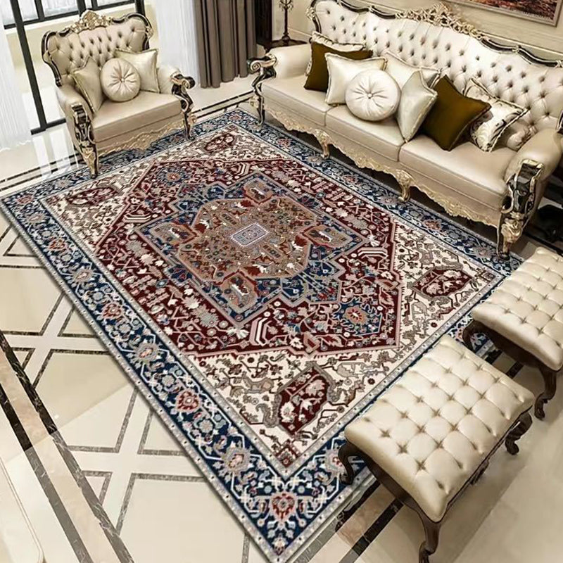 Elegant Red Tone Classic Carpet Polyester Moroccan Tile Indoor Rug Washable Rug for Living Room