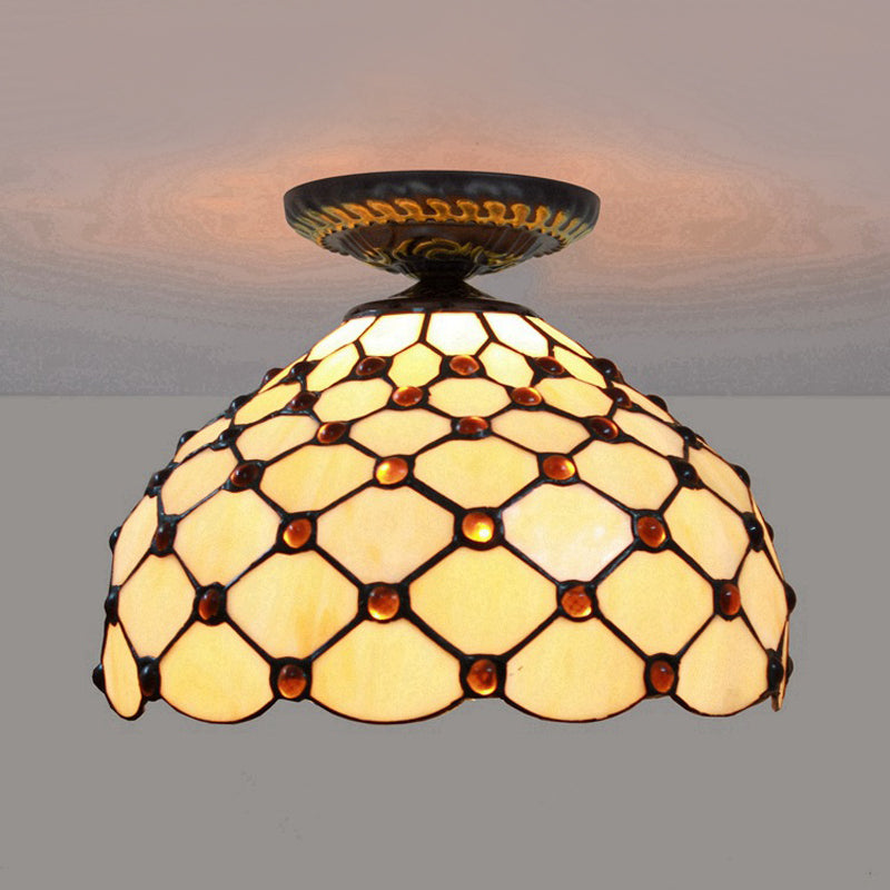 Jeweled Ceiling Flush Tiffany-Style Stained Art Glass 1 Head Bronze Flush Mount Light, 7.5"/8.5"/10" H