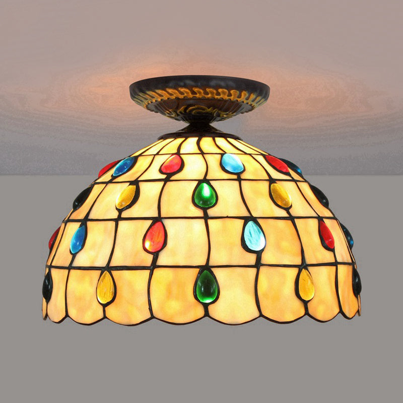 Jeweled Ceiling Flush Tiffany-Style Stained Art Glass 1 Head Bronze Flush Mount Light, 7.5"/8.5"/10" H