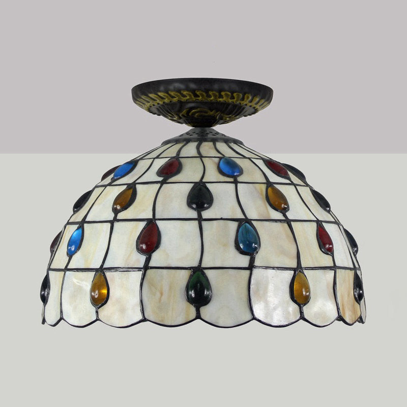 Jeweled Ceiling Flush Tiffany-Style Stained Art Glass 1 Head Bronze Flush Mount Light, 7.5"/8.5"/10" H