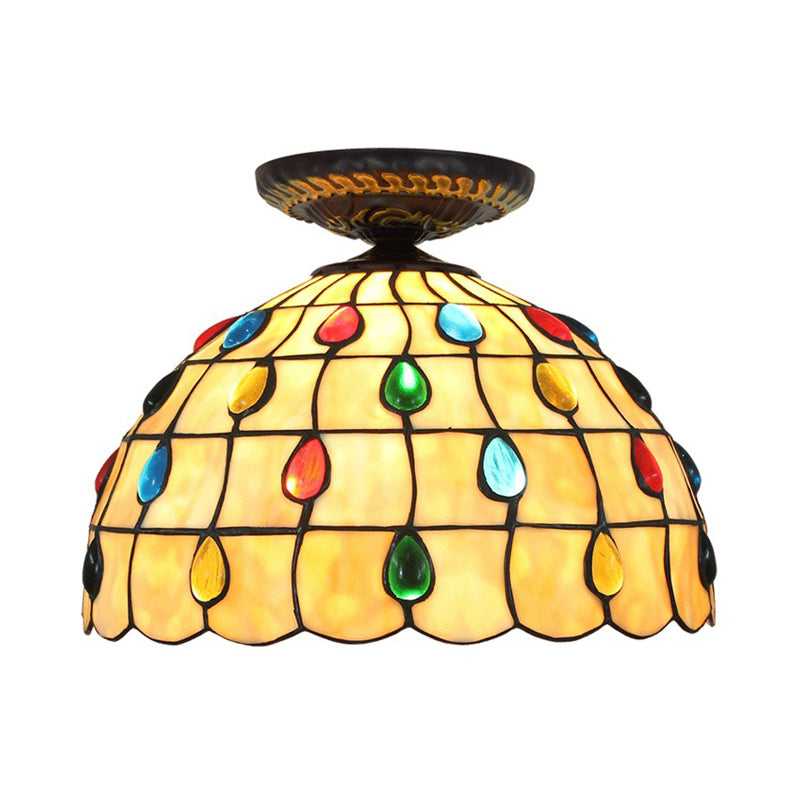 Jeweled Ceiling Flush Tiffany-Style Stained Art Glass 1 Head Bronze Flush Mount Light, 7.5"/8.5"/10" H