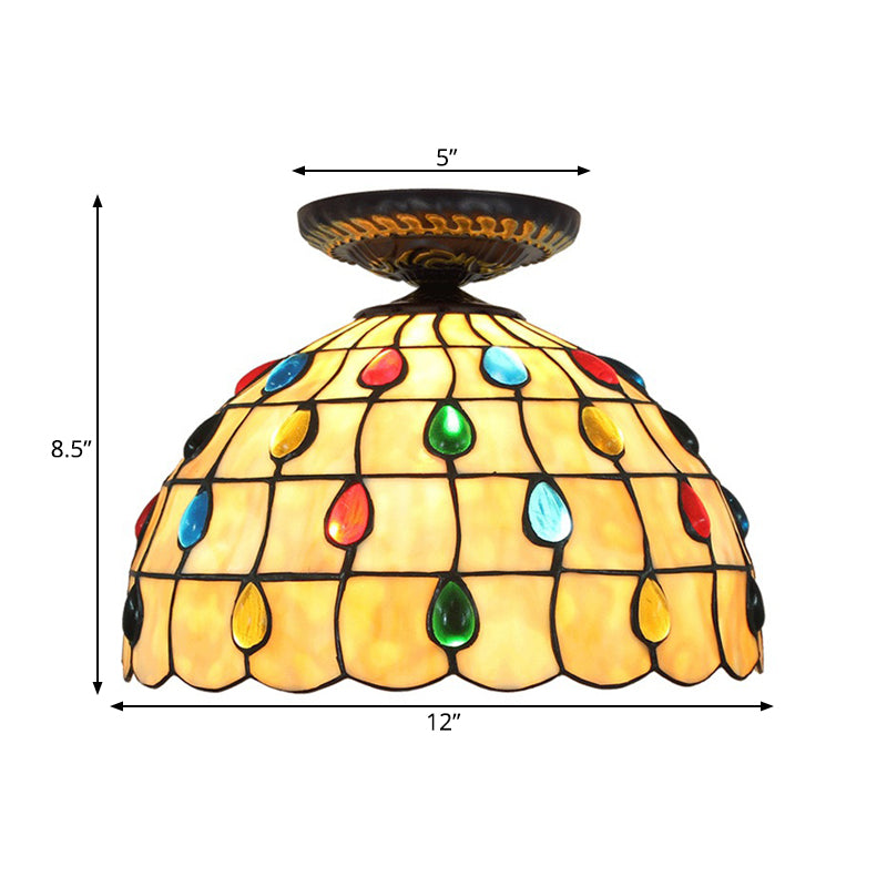 Jeweled Ceiling Flush Tiffany-Style Stained Art Glass 1 Head Bronze Flush Mount Light, 7.5"/8.5"/10" H