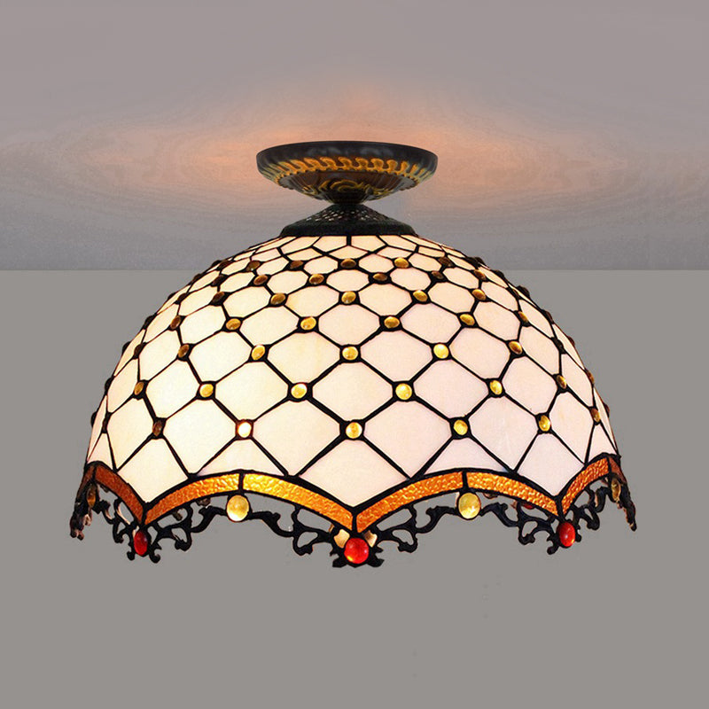 Jeweled Ceiling Flush Tiffany-Style Stained Art Glass 1 Head Bronze Flush Mount Light, 7.5"/8.5"/10" H