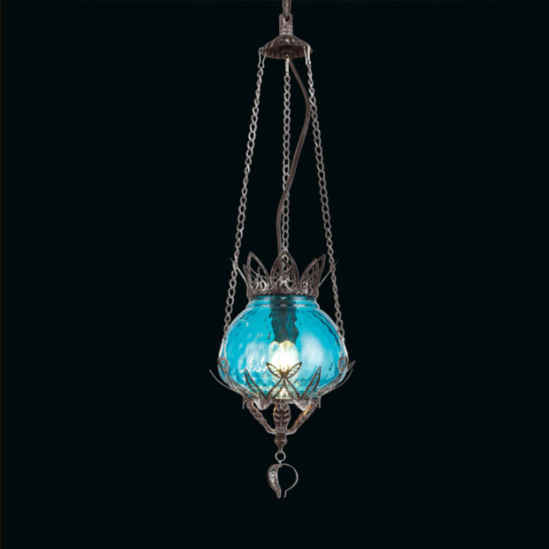 1 Light Coffee Shop Ceiling Suspension Lamp Moroccan Aged Silver Pendant Light Fixture with Bubble Red/Yellow/Blue Glass Shade