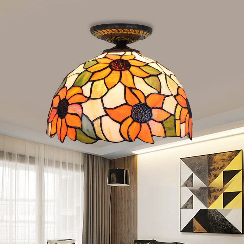 12"/16" W 1 Light Sunflower Ceiling Lamp Tiffany Brass Stained Glass Flush Mount Lighting