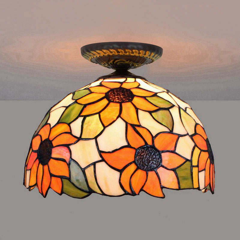 12"/16" W 1 Light Sunflower Ceiling Lamp Tiffany Brass Stained Glass Flush Mount Lighting