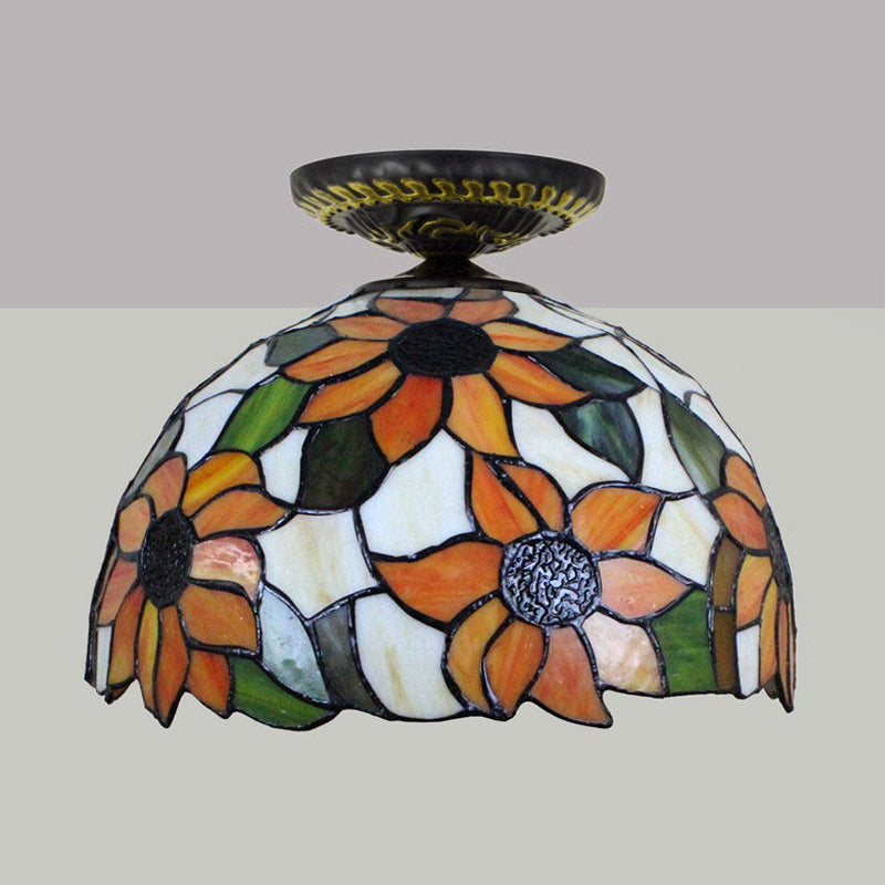 12"/16" W 1 Light Sunflower Ceiling Lamp Tiffany Brass Stained Glass Flush Mount Lighting