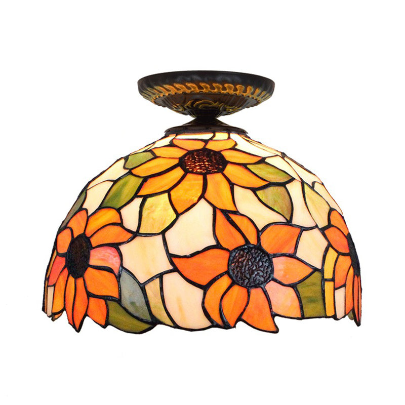 12"/16" W 1 Light Sunflower Ceiling Lamp Tiffany Brass Stained Glass Flush Mount Lighting