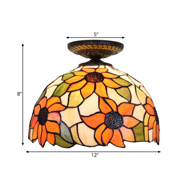 12"/16" W 1 Light Sunflower Ceiling Lamp Tiffany Brass Stained Glass Flush Mount Lighting