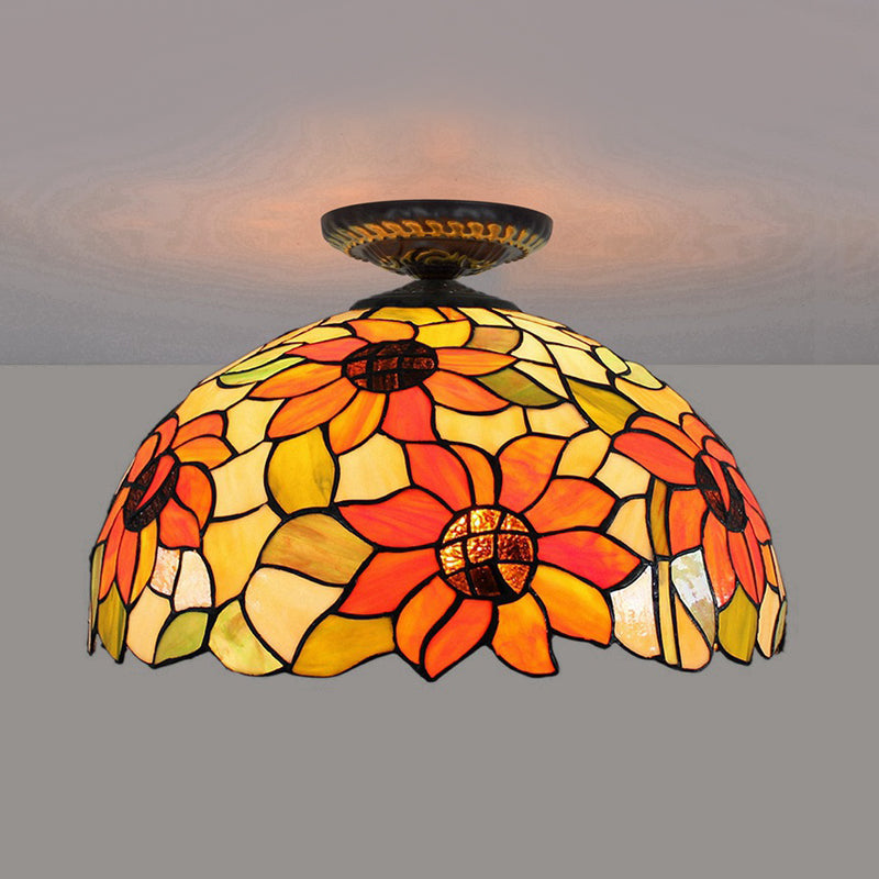 12"/16" W 1 Light Sunflower Ceiling Lamp Tiffany Brass Stained Glass Flush Mount Lighting