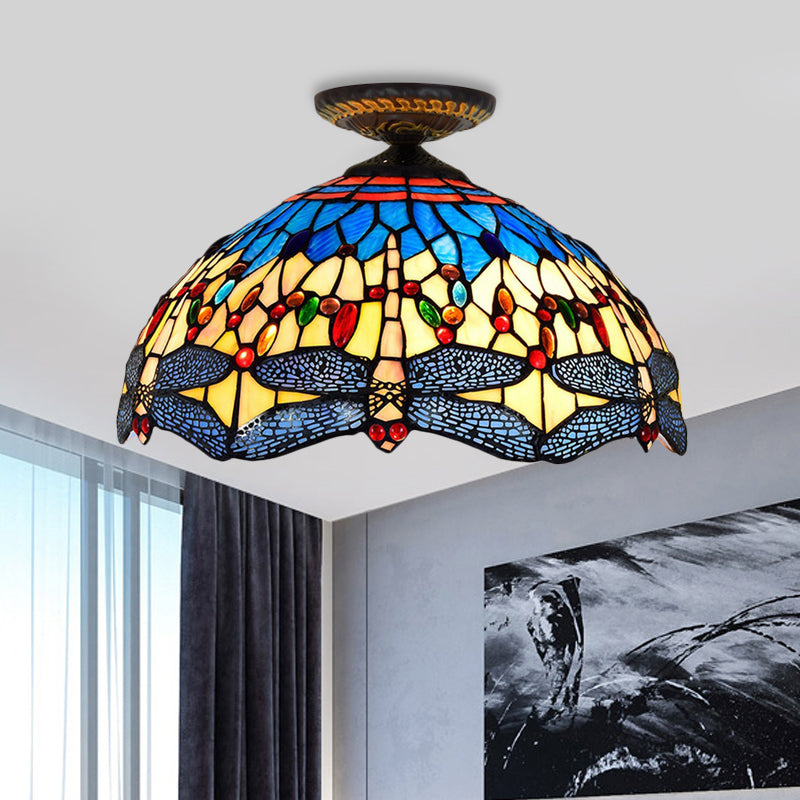 1 Hoofd Veranda Plafond Gemonteerde Armatuur Tiffany Wit/Rood Flush Mount Lamp met Dragonfly Stained Glas Shade