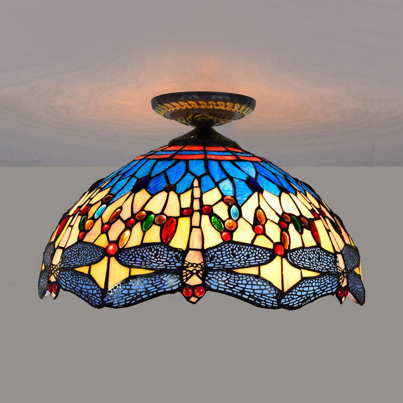 1 Head Porch Ceiling Mounted Fixture Tiffany White/Red Flush Mount Lamp with Dragonfly Stained Glass Shade