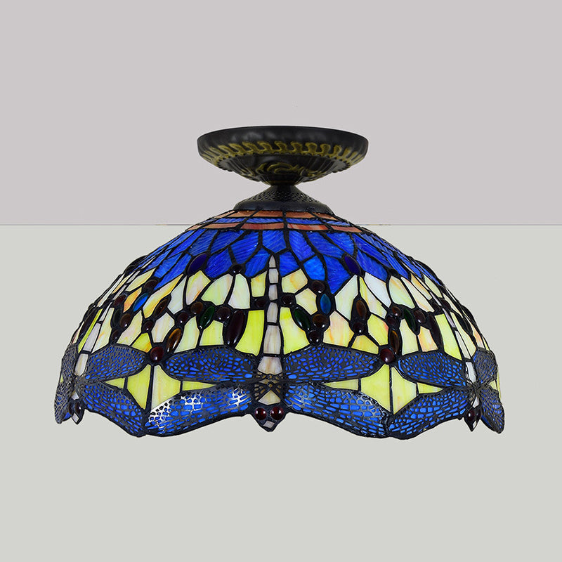 Plafonnier Tiffany à 1 tête pour porche, lampe encastrée blanc/rouge avec abat-jour en vitrail libellule